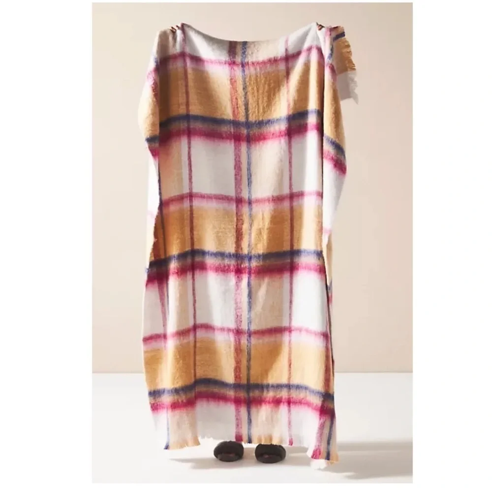 Anthropologie Cozy Plaid Throw Blanket Pink Gold Cream NWT 70x50
